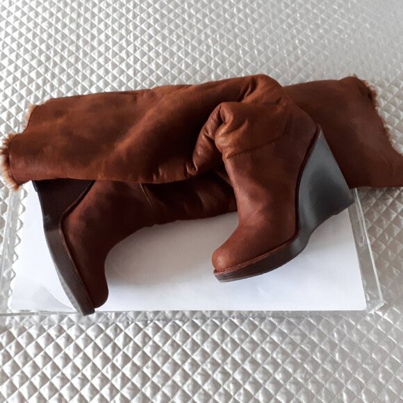 NWT MICHAEL Michael Kors brown distressed faux suede & faux fur lined long boots - Picture 14 of 15